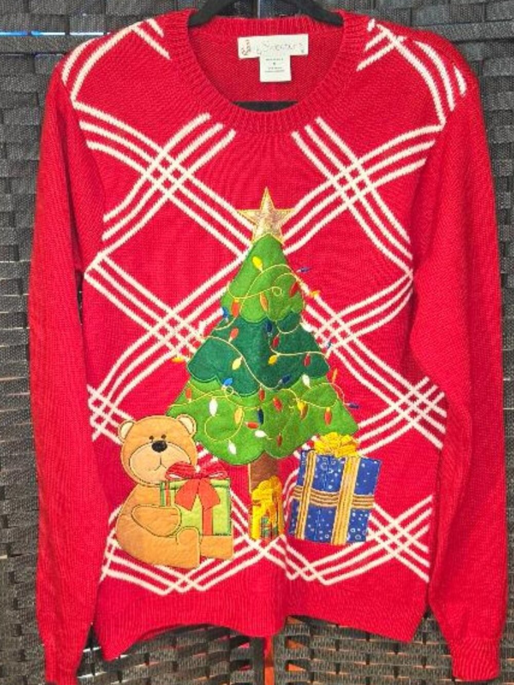 Jolly Sweaters Red Teddy Bear and Christmas Tree Ugly Holiday Sweater